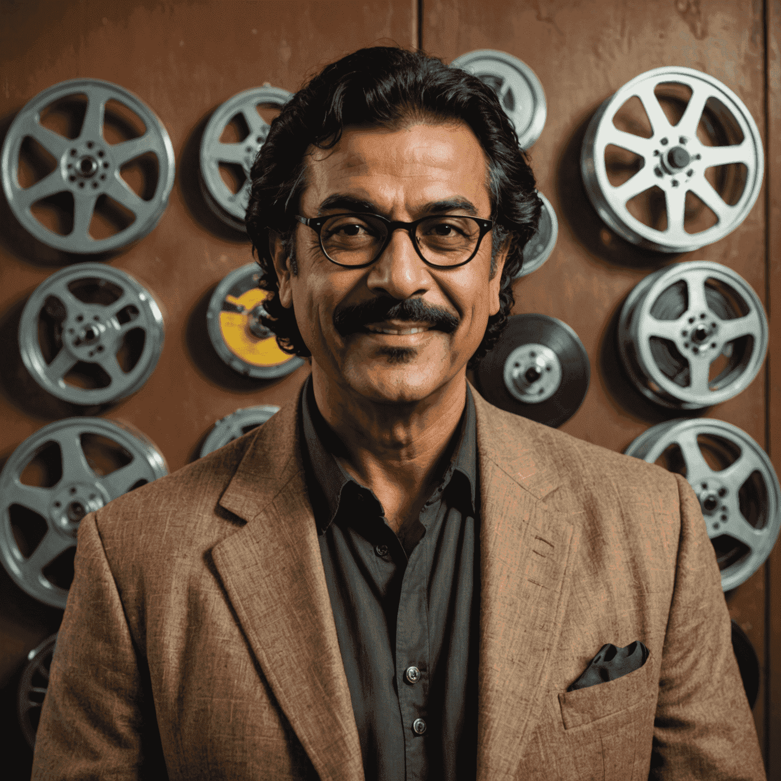 Portrait of Shahid Khan, a middle-aged man with a warm smile, wearing glasses and a brown blazer, against a backdrop of vintage film reels
