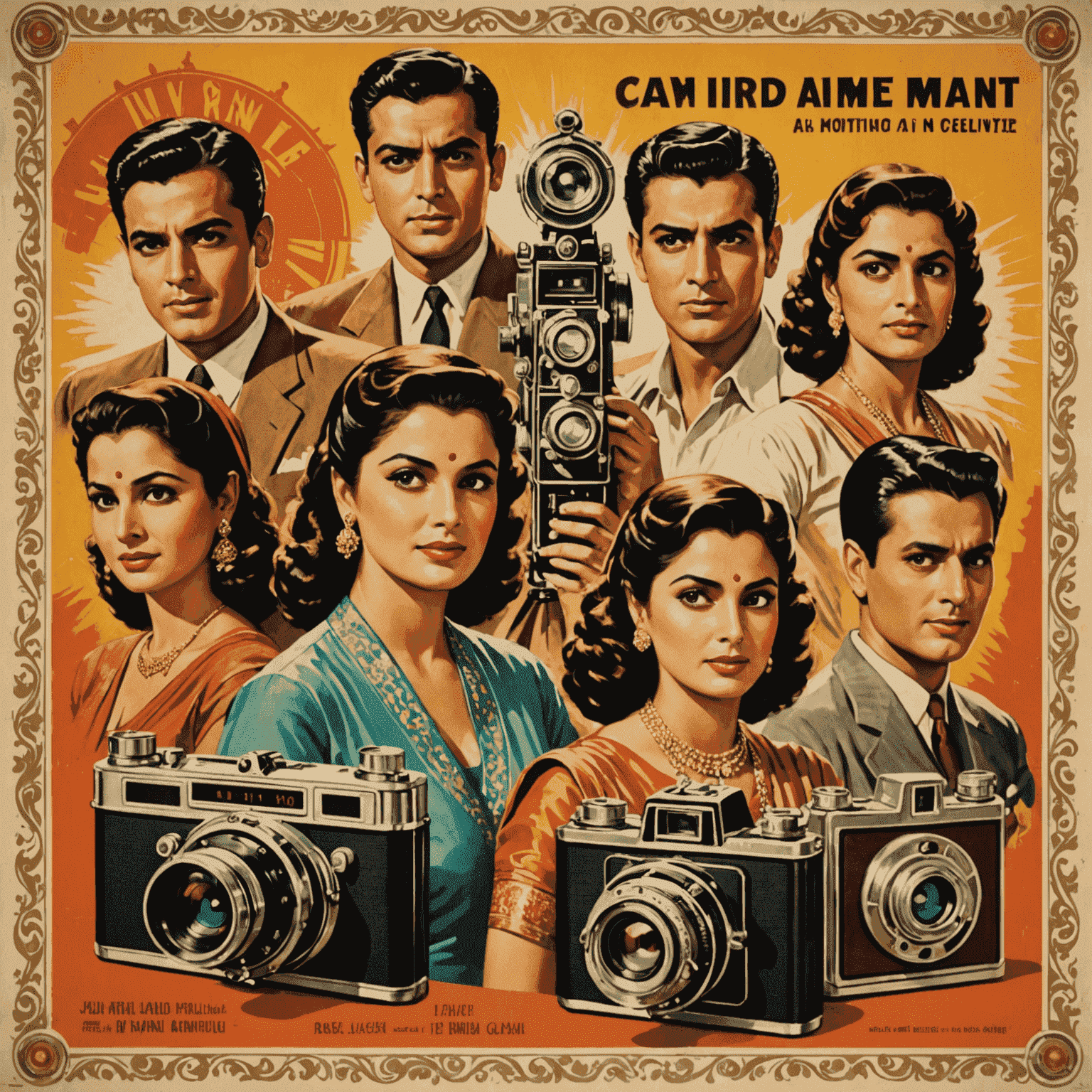 Vintage Bollywood poster featuring iconic actors and actresses from the 1940s-1960s era, with ornate film reels and classic movie camera in the background