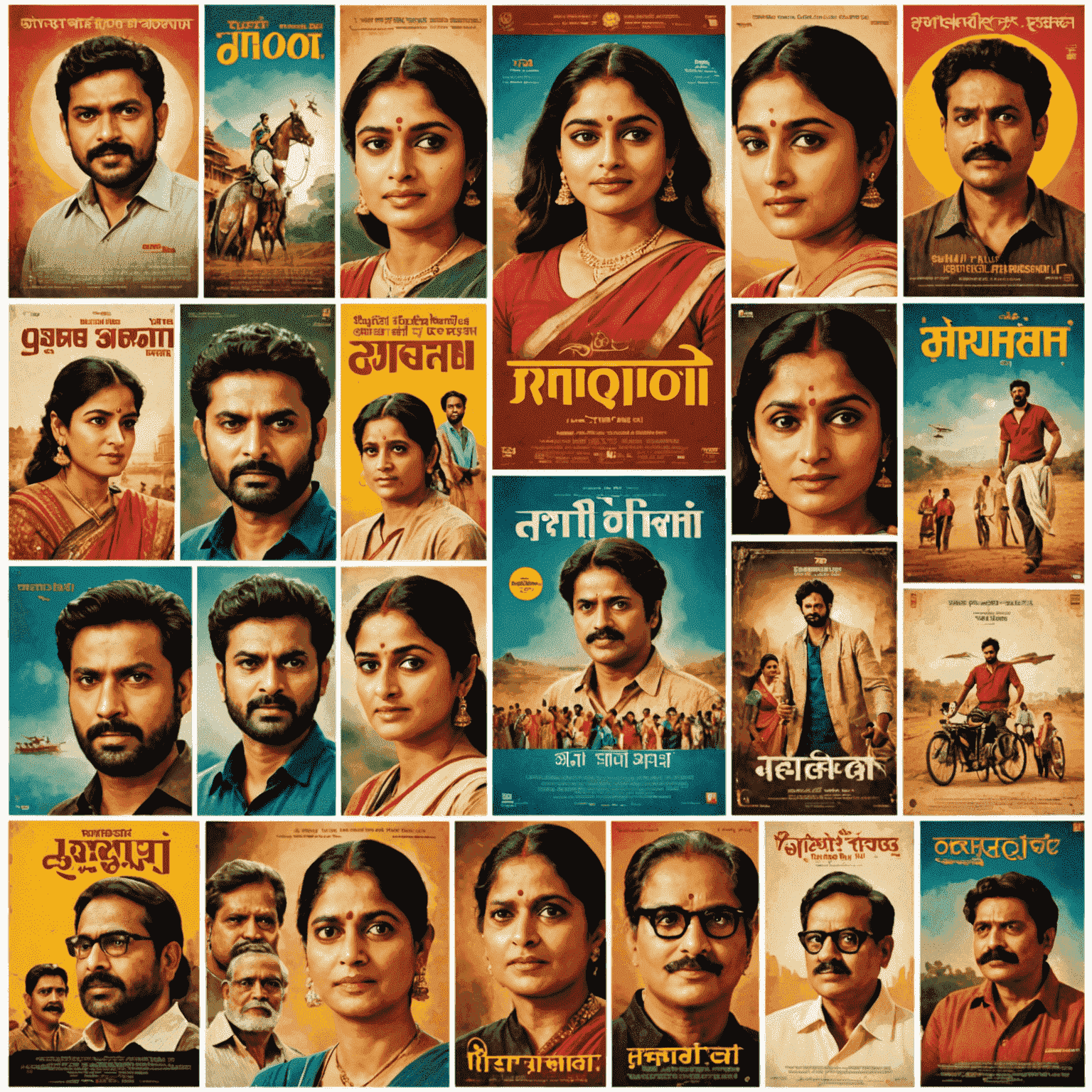 Collage of diverse Indian regional film posters, showcasing Bengali, Tamil, Malayalam, and Marathi cinema