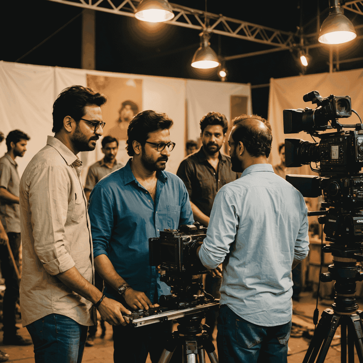 Behind-the-scenes image of an Indian director working with an international crew on a film set, showcasing the collaborative nature of modern Bollywood productions