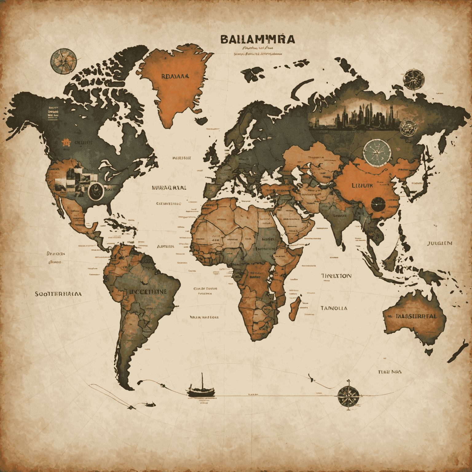 A world map with Bollywood film reels connecting different countries, symbolizing the global reach and influence of Indian cinema