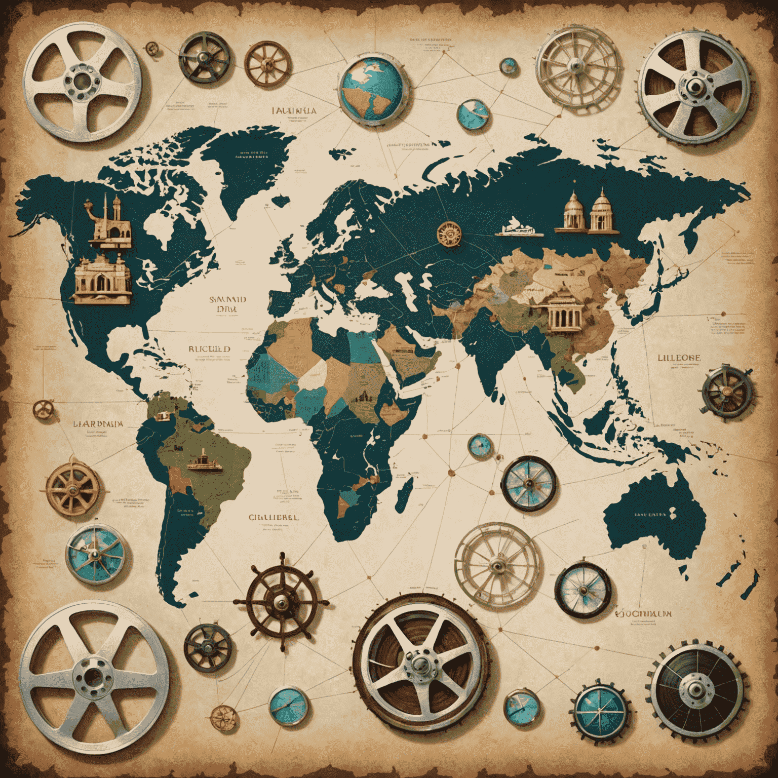 World map with film reels connecting Bollywood to major international film industries, symbolizing global influence and collaboration