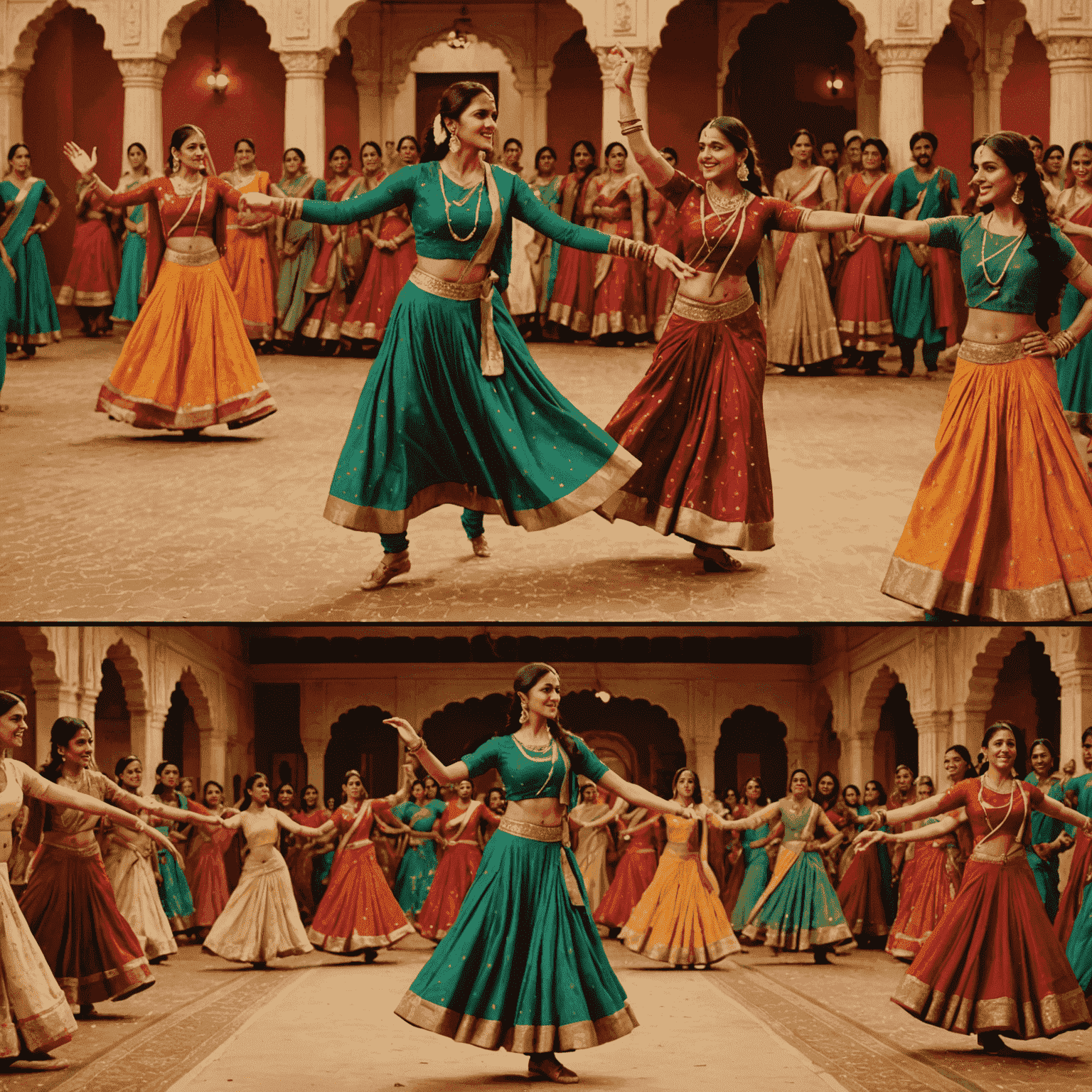A split-screen image showing a traditional Bollywood dance sequence alongside a modern, realistic scene from a recent Indian film, illustrating the industry's evolution